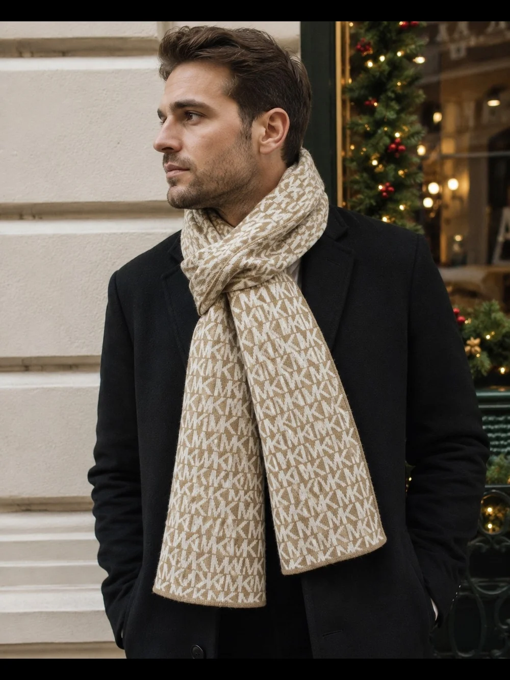 Michael Kors Beige Logo Knit Scarf for Men